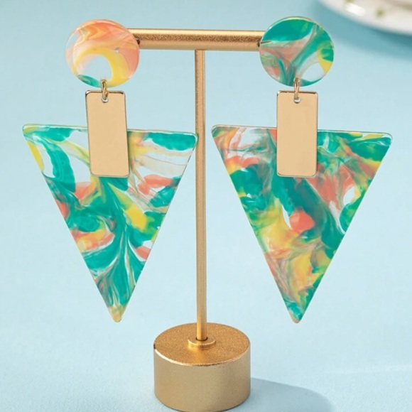 2/$30🌵 Bright Acrylic Triangle Gold Earrings Multicolor Swirl Large Boho NEW - Picture 3 of 12
